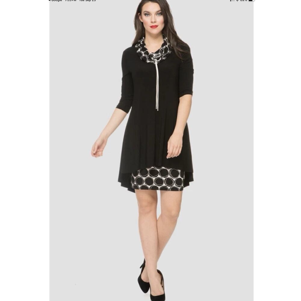 Joseph Ribkoff Cowl Neck Double Layer Tunique Black/Beige Dress Size 8 Stretch